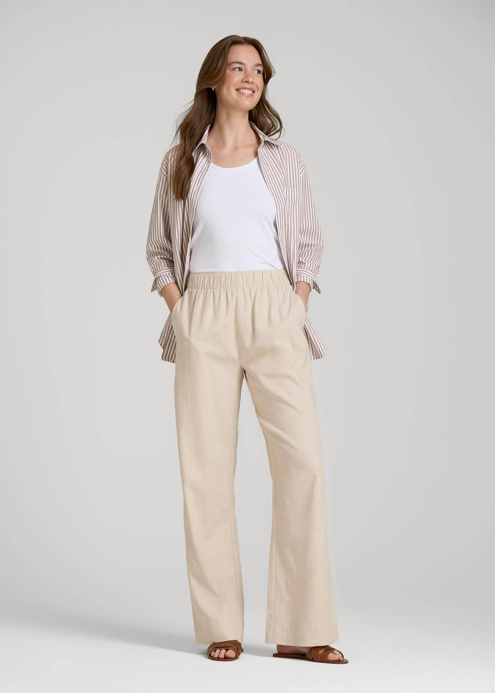 American Tall Online | Pull On Wide Leg Linen Pants for Tall Women in Light Stone