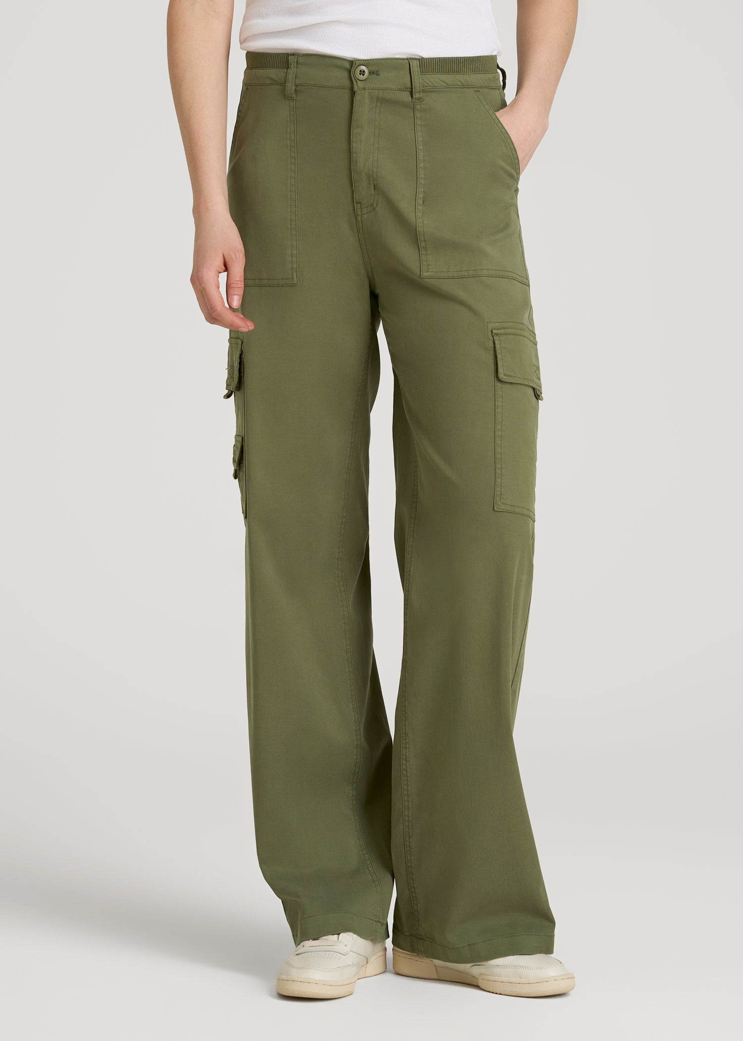 American Tall Discount | Garment Dyed Wide Leg Cargo Pants for Tall Women in Bright Olive