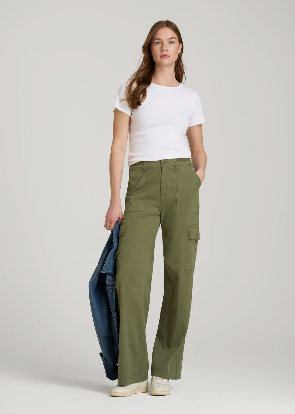 American Tall Discount | Garment Dyed Wide Leg Cargo Pants for Tall Women in Bright Olive