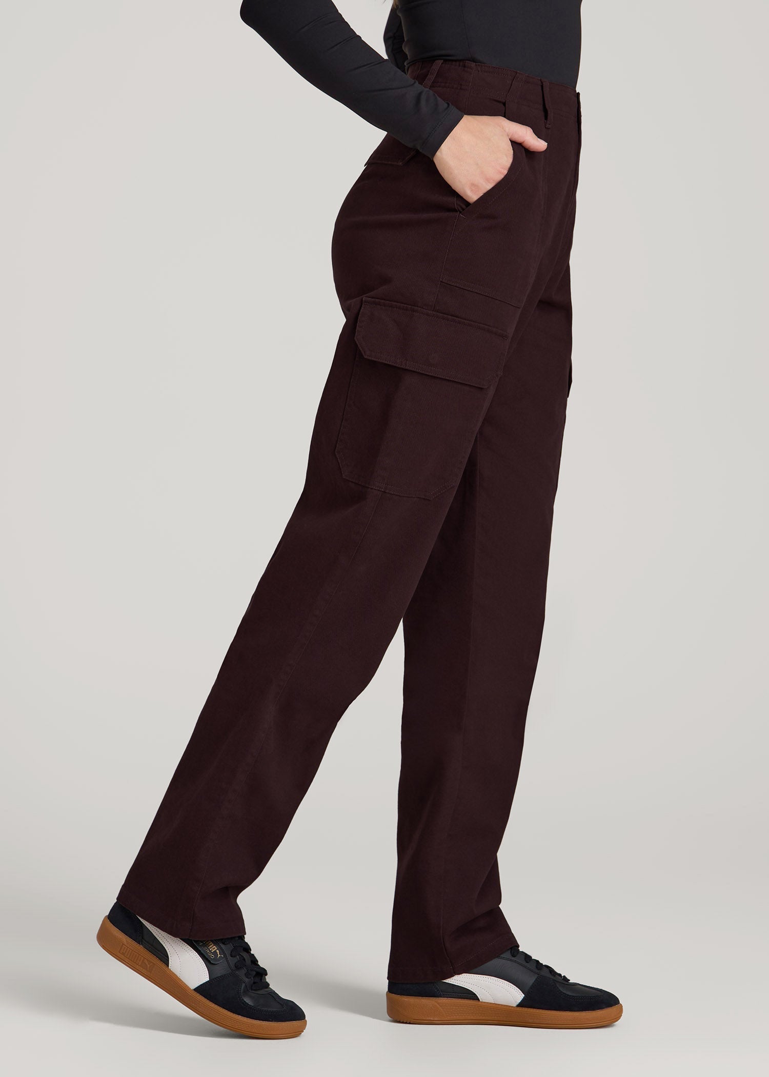 American Tall Outlet | Straight Leg Cargo Chino Pants for Tall Women in Oxblood