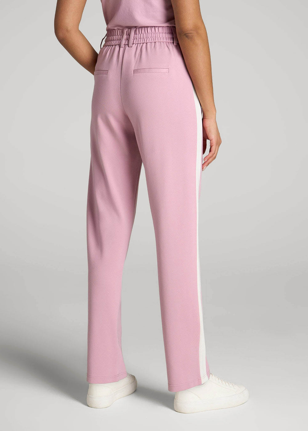 American Tall Discount | Pull On Tuxedo Stripe Pants for Tall Women in Pink Peony and White Alyssum