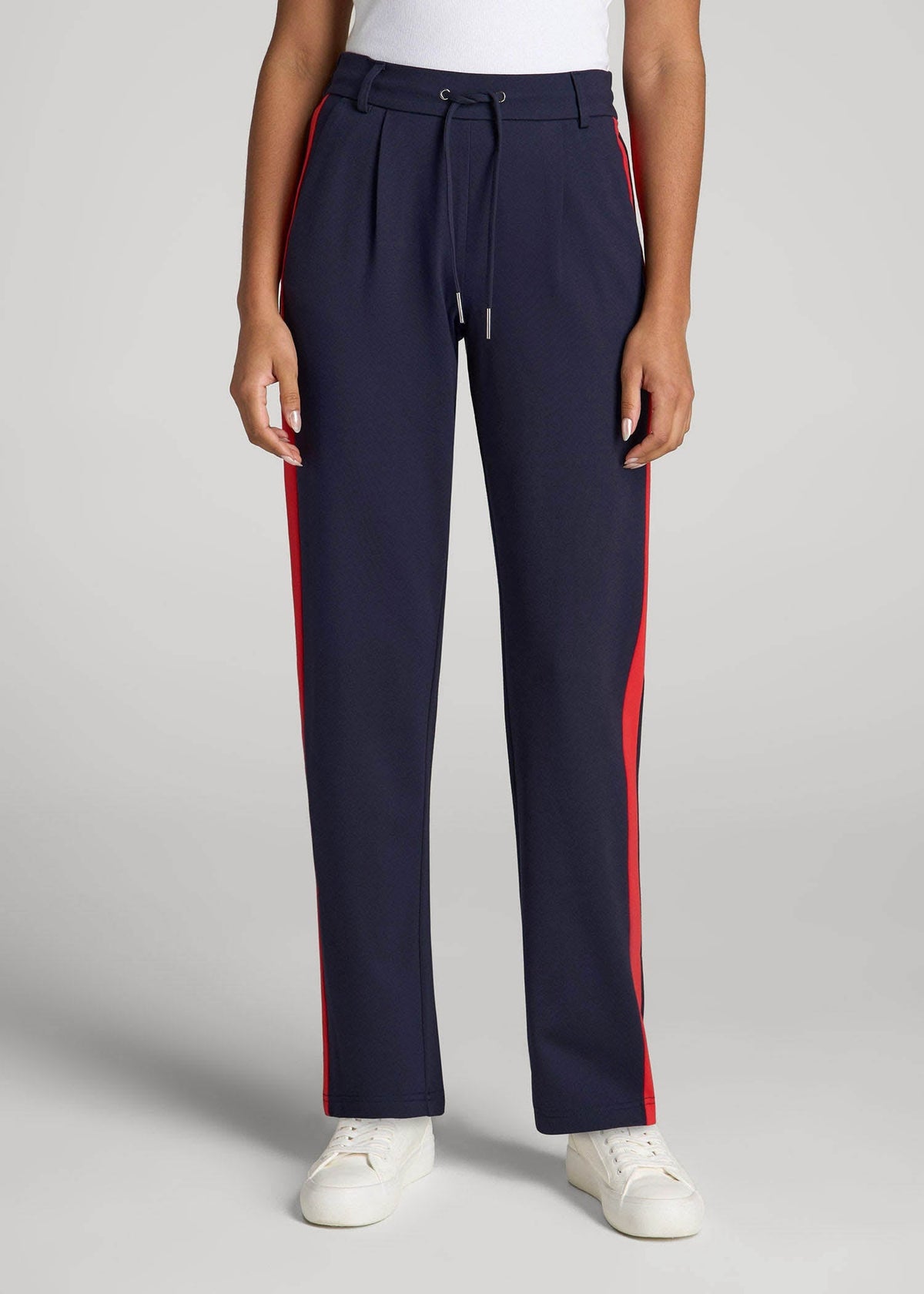American Tall Online | Pull On Tuxedo Stripe Pants for Tall Women in True Navy and Radiant Red