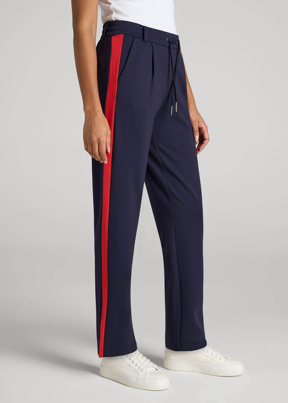 American Tall Online | Pull On Tuxedo Stripe Pants for Tall Women in True Navy and Radiant Red