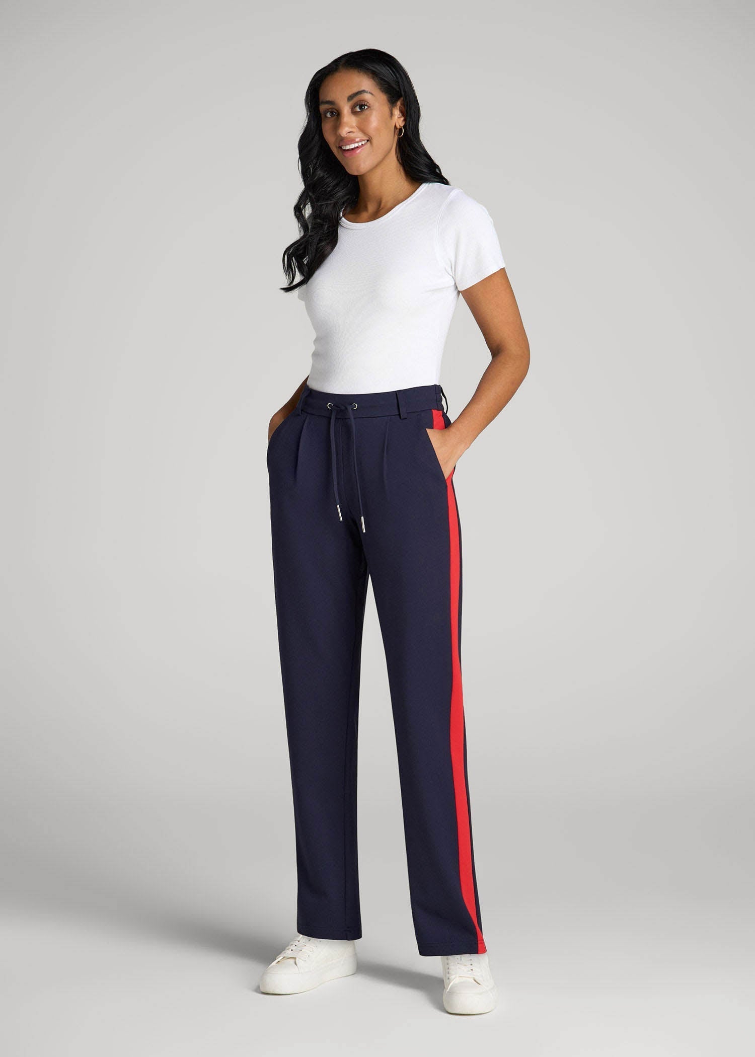 American Tall Online | Pull On Tuxedo Stripe Pants for Tall Women in True Navy and Radiant Red