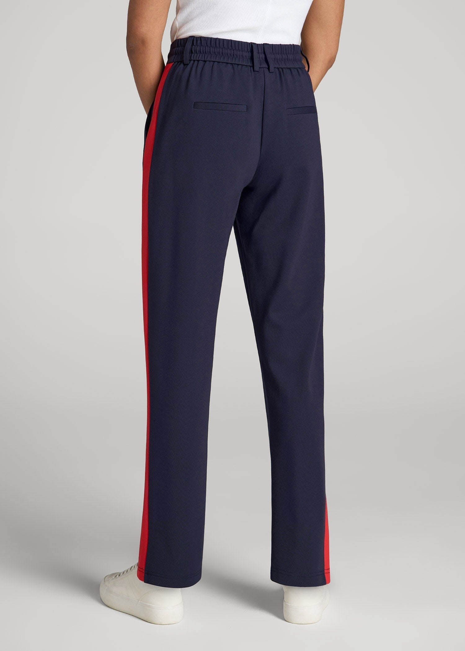 American Tall Online | Pull On Tuxedo Stripe Pants for Tall Women in True Navy and Radiant Red