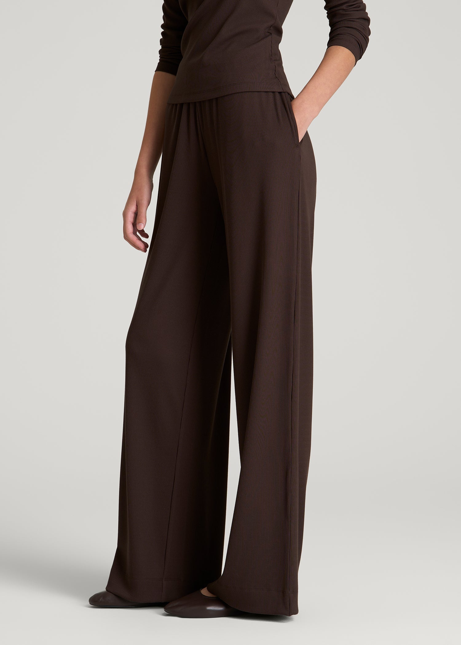 American Tall For Sale | Ribbed Knit Wide Leg Pant for Tall Women in Espresso